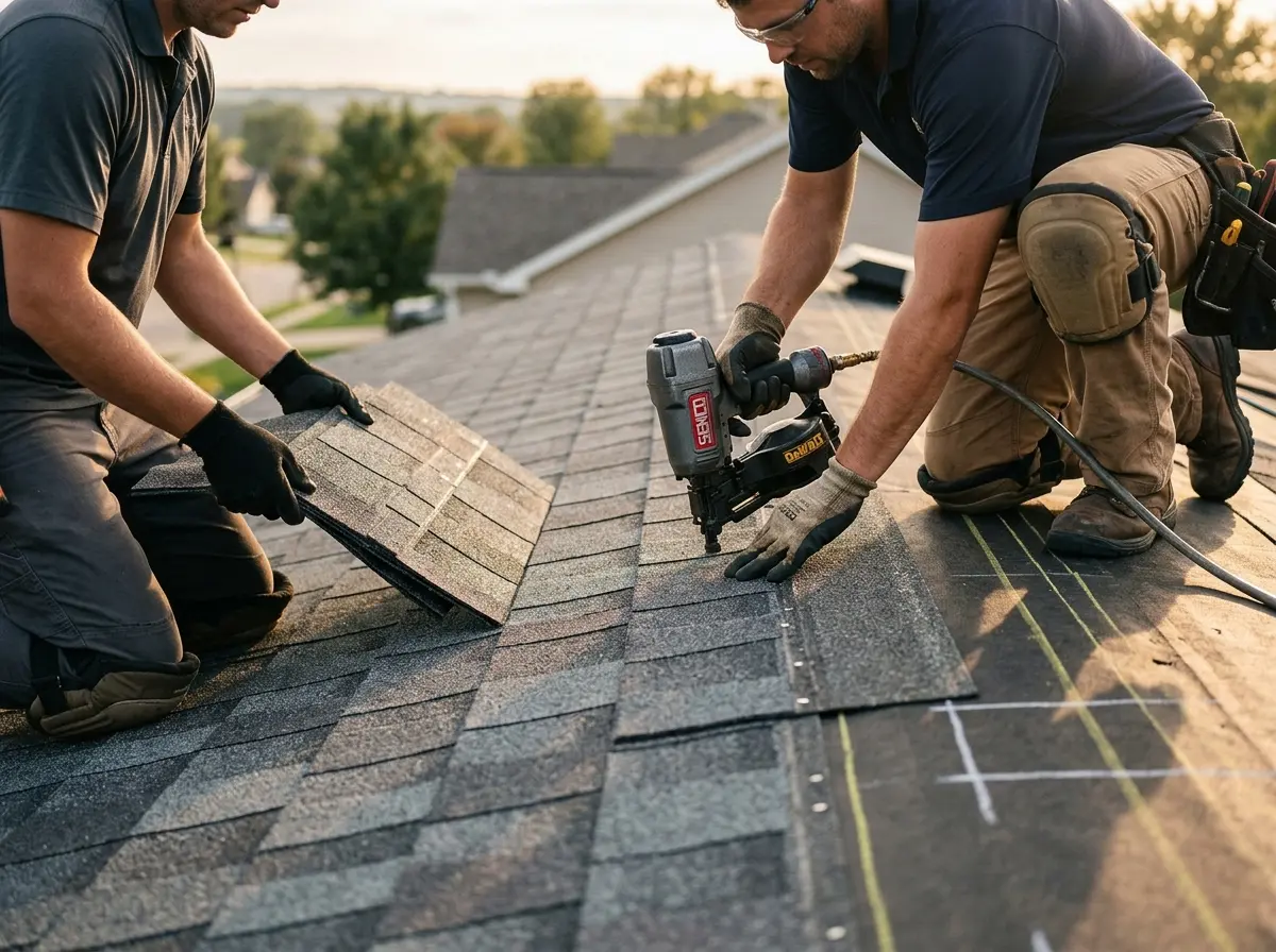 Professional roofer working on a residential roof in McFarland